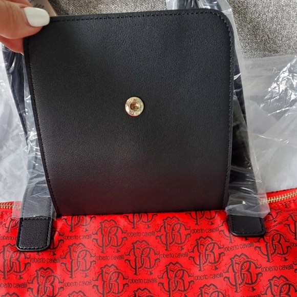 Roberto Cavalli Nylon Red/Black Logo Pattern Folding Medium Shopper Tote Bag - Picture 6 of 7